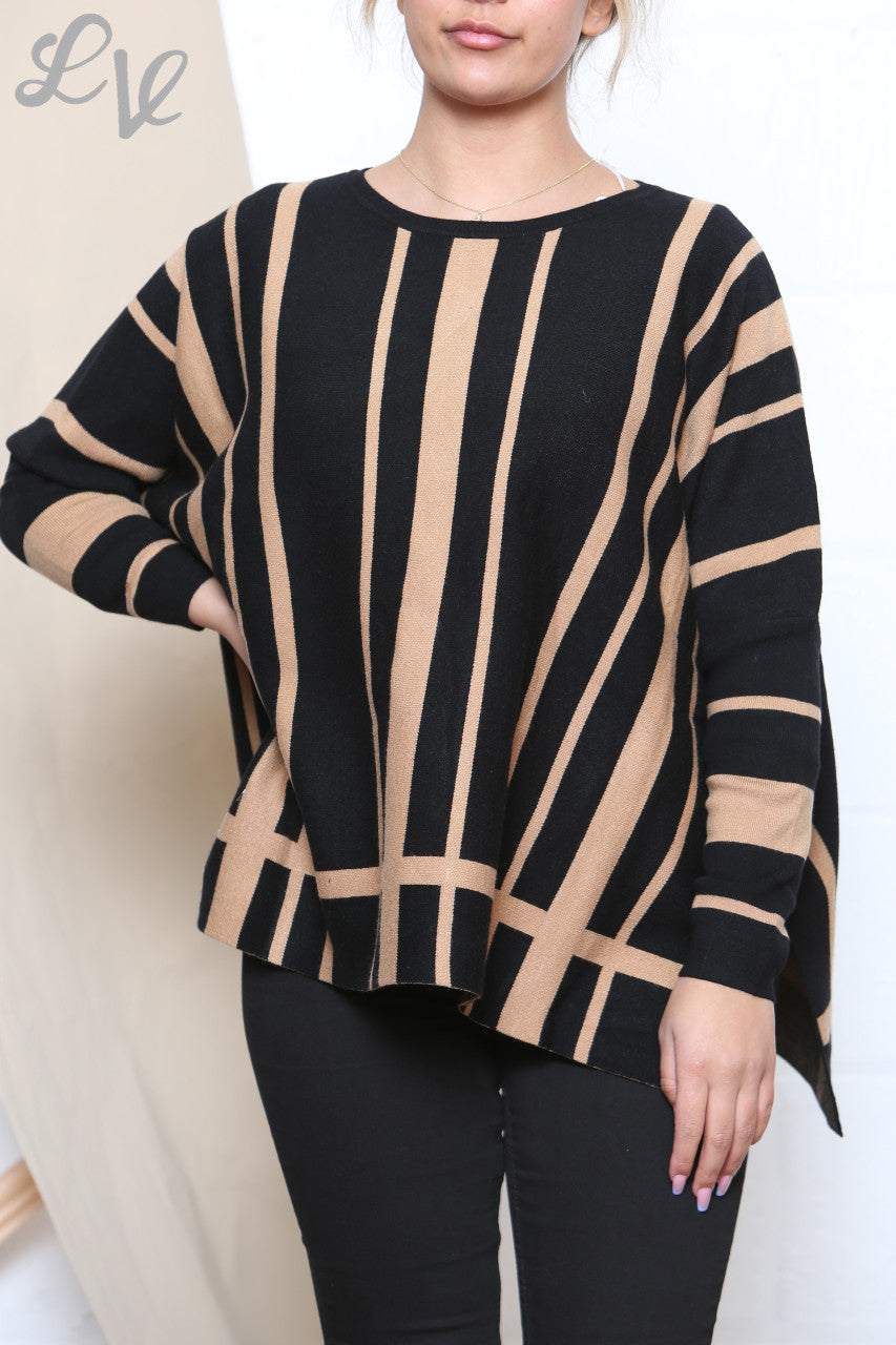 Ladies Stripe Design Round Neck Long Sleeve Jumper Black