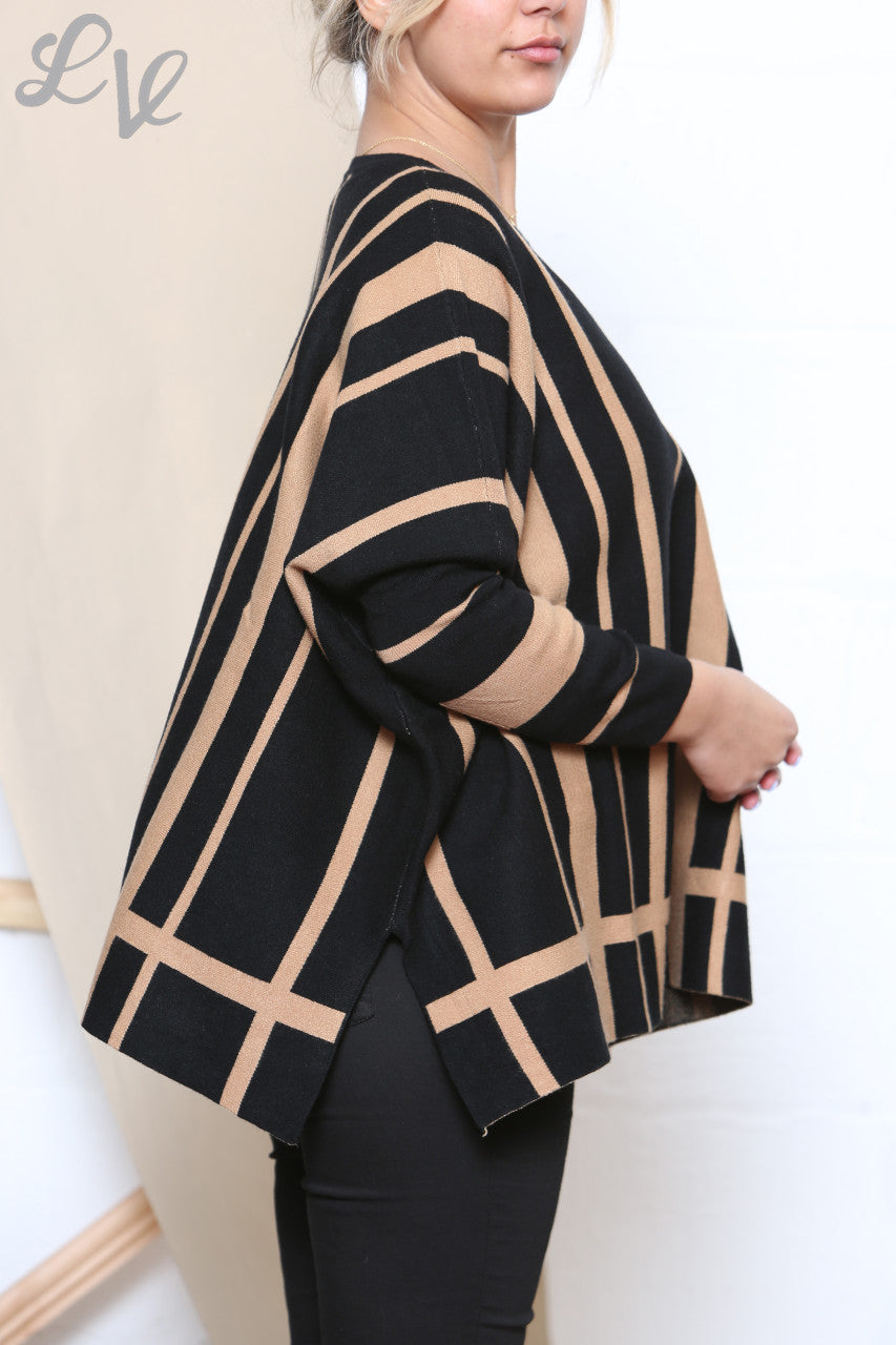 Ladies Stripe Design Round Neck Long Sleeve Jumper Black