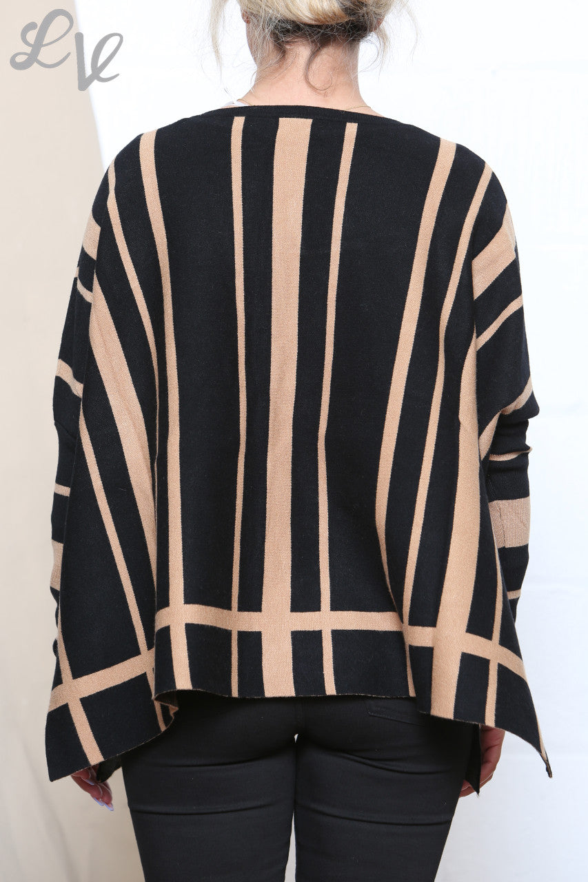 Ladies Stripe Design Round Neck Long Sleeve Jumper Black