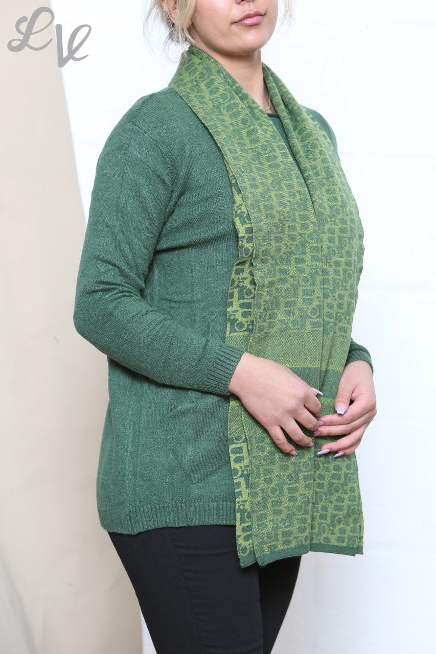 Ladies Jumper With 2 Front Pocket Detail & Printed Scarf Green