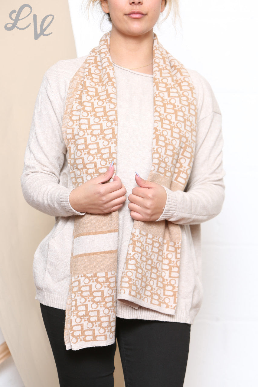 Ladies Jumper With 2 Front Pocket Detail & Printed Scarf Stone