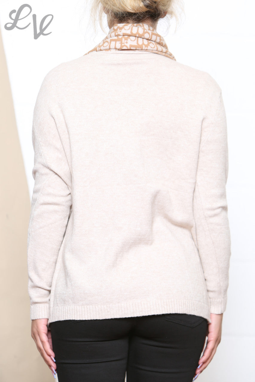 Ladies Jumper With 2 Front Pocket Detail & Printed Scarf Stone
