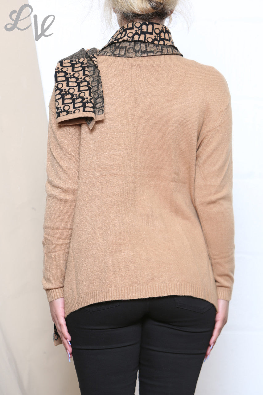 Ladies Jumper With 2 Front Pocket Detail & Printed Scarf Tan