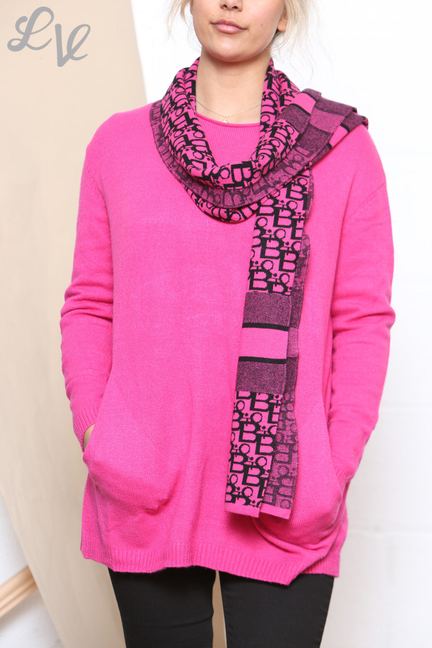 Ladies Jumper With 2 Front Pocket Detail & Printed Scarf Cerise
