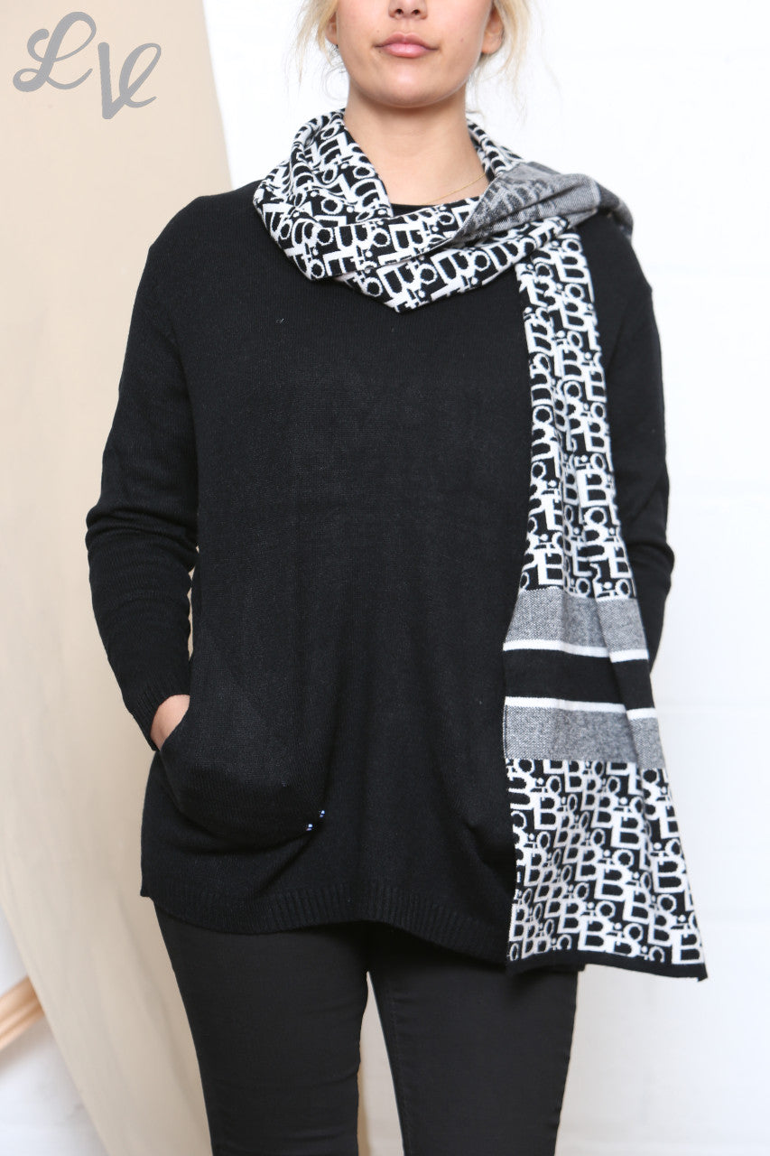Ladies Jumper With 2 Front Pocket Detail & Printed Scarf Black