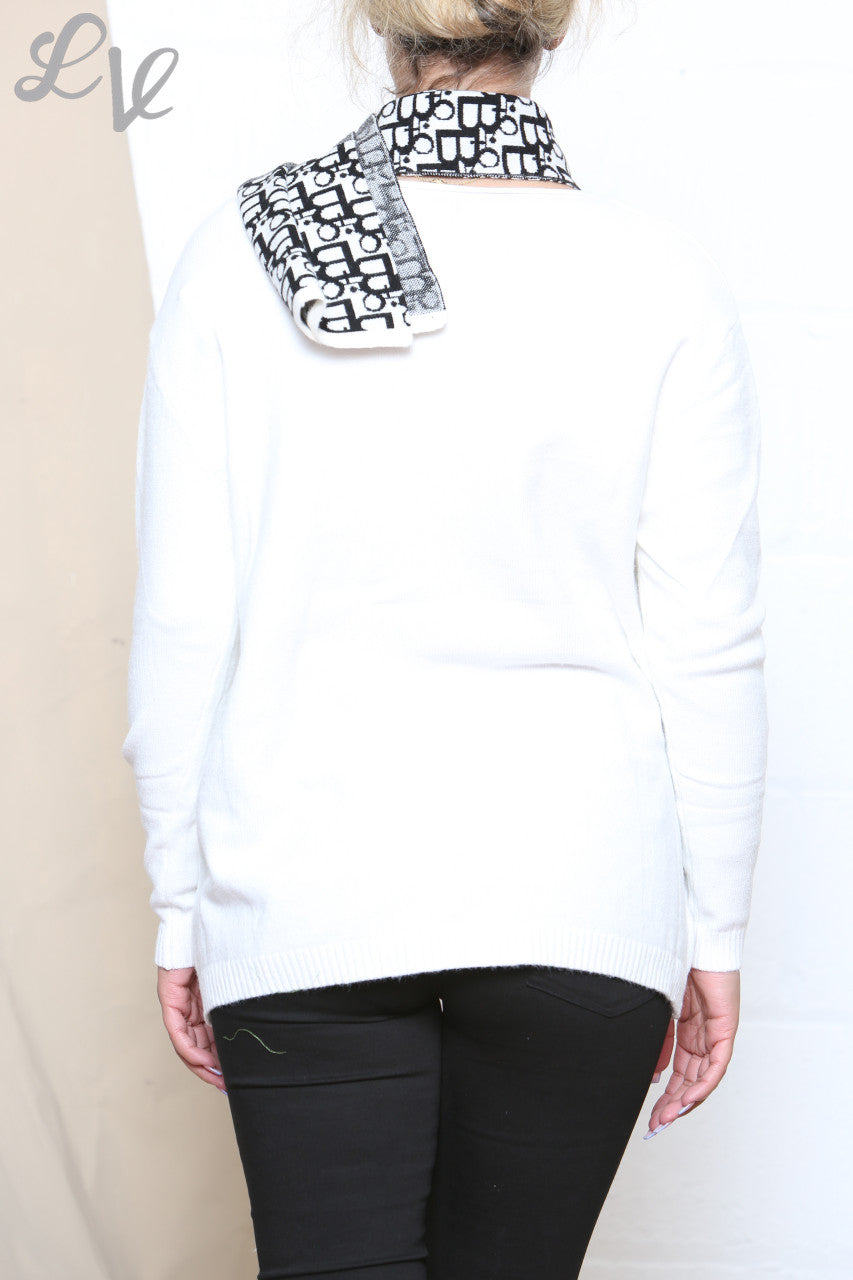 Ladies Jumper With 2 Front Pocket Detail & Printed Scarf White
