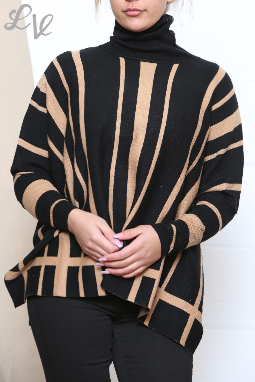 Ladies Stripe Design Roll Neck Long Sleeve Jumper Black