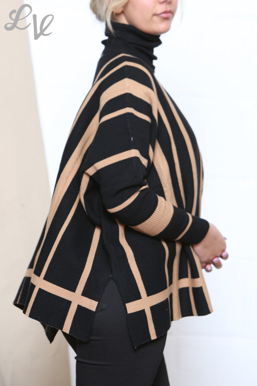 Ladies Stripe Design Roll Neck Long Sleeve Jumper Black