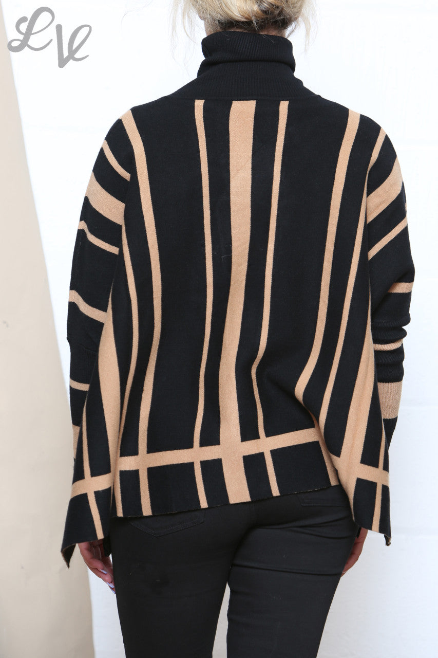 Ladies Stripe Design Roll Neck Long Sleeve Jumper Black
