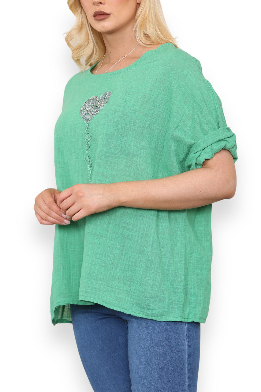 BALLOON HEART SEQUIN TOP GREEN