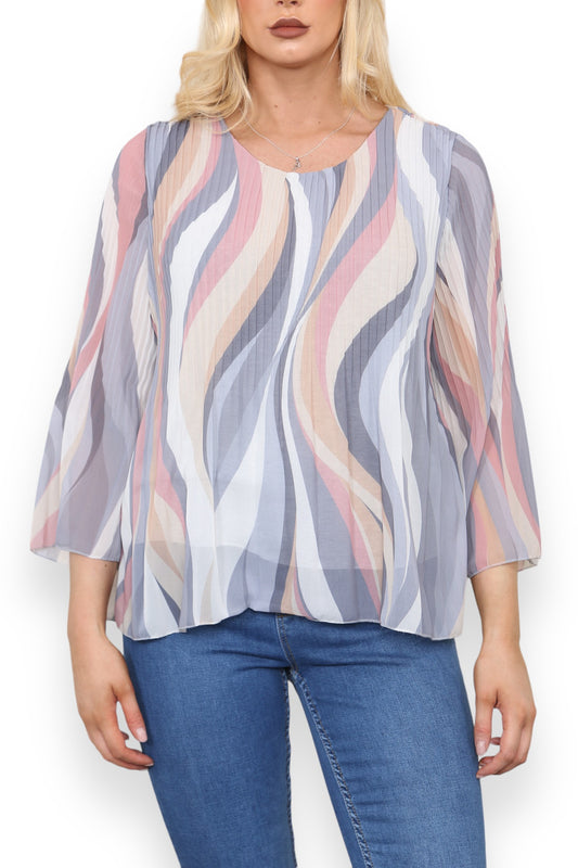 GEPLOOIDE BLOUSE TOP GRIJS MET ZWIEPLIJNENPRINT