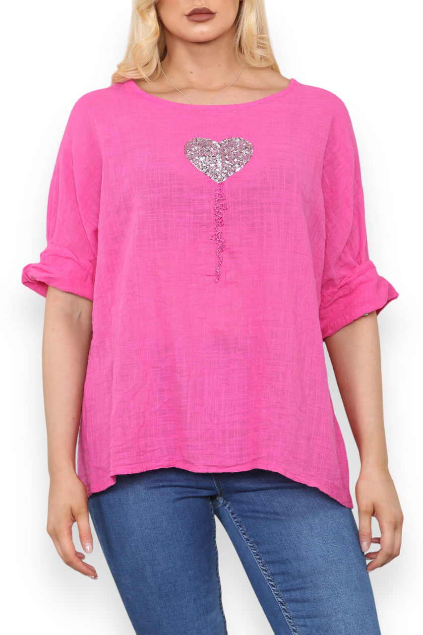 BALLOON HEART SEQUIN TOP CERISE