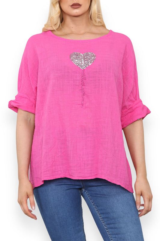 BALLOON HEART SEQUIN TOP CERISE