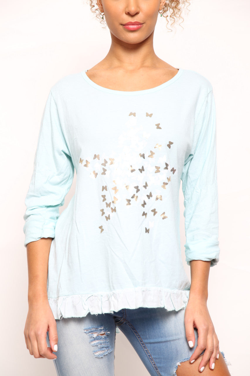 Dames Top met Folieprint van Madeliefjes en Vlinders – Mintkleurig