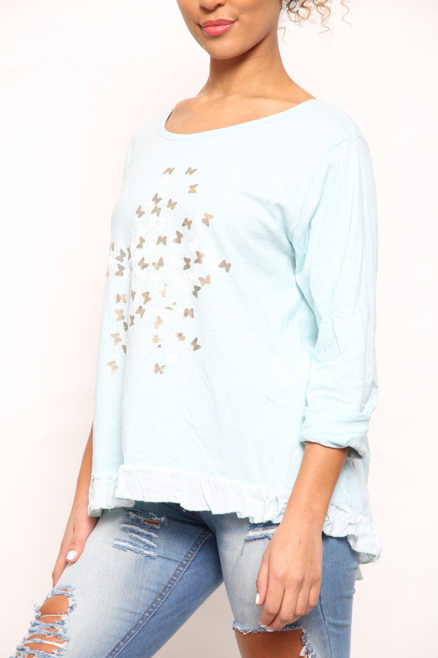 Dames Top met Folieprint van Madeliefjes en Vlinders – Mintkleurig