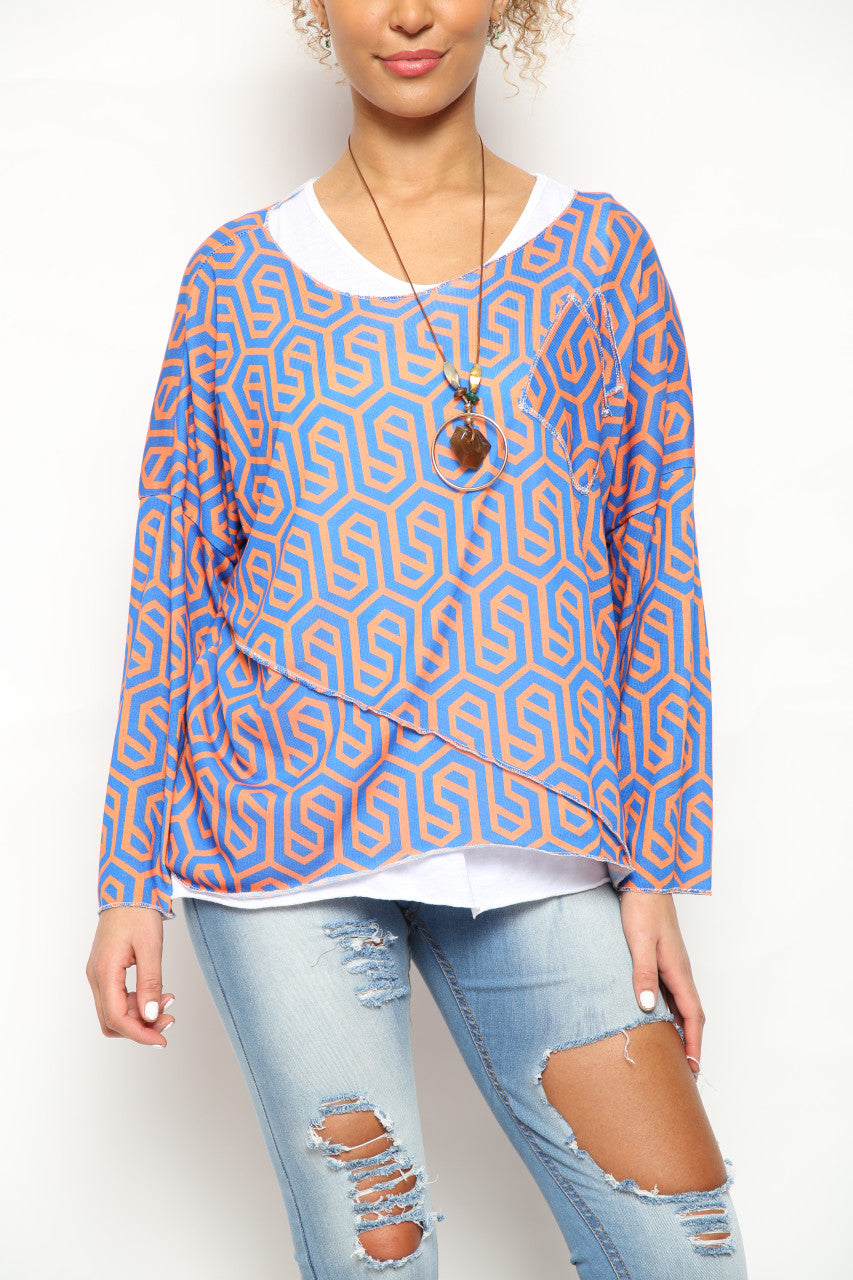Ladies Geometric Print 2 Layer Top Blue/Orange