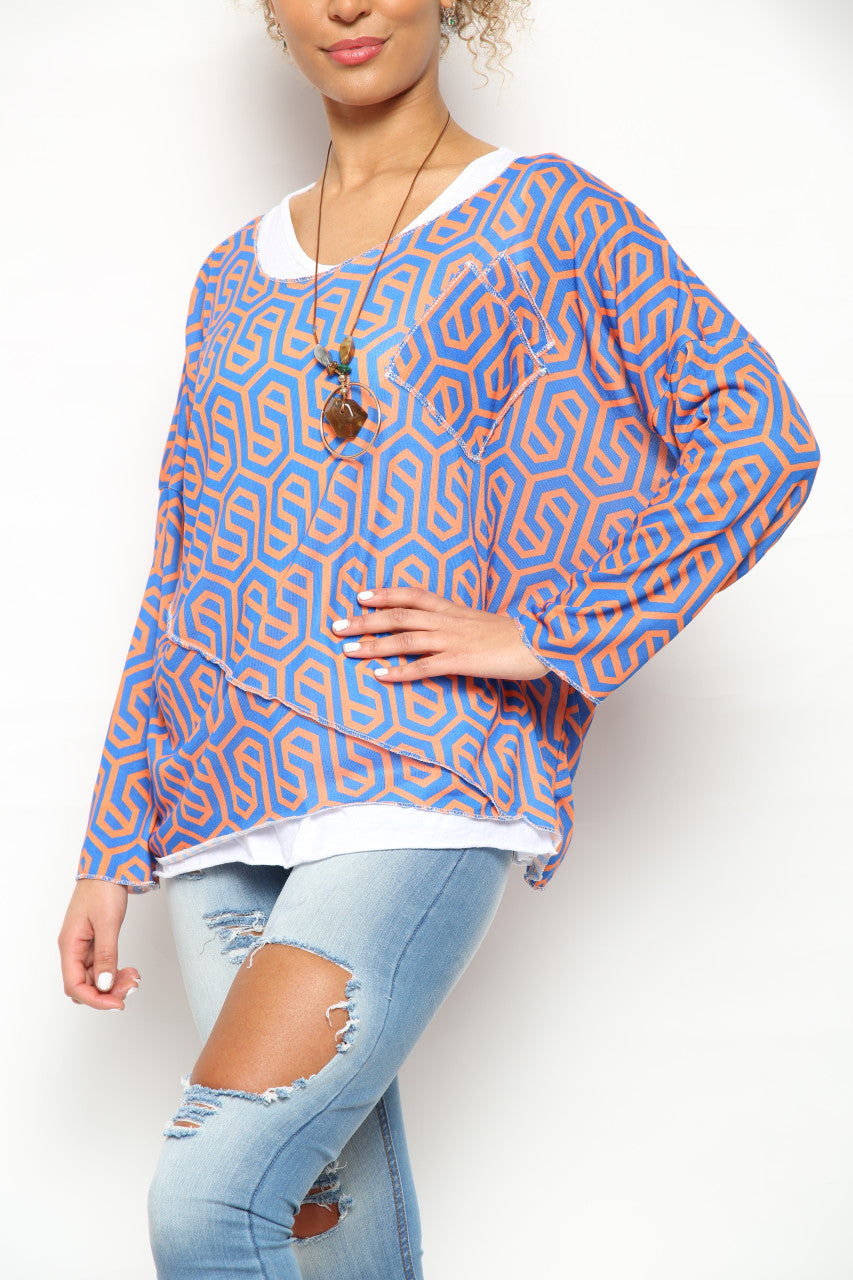Ladies Geometric Print 2 Layer Top Blue/Orange