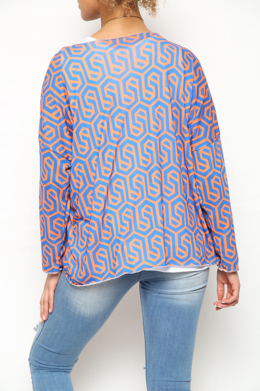 Ladies Geometric Print 2 Layer Top Blue/Orange