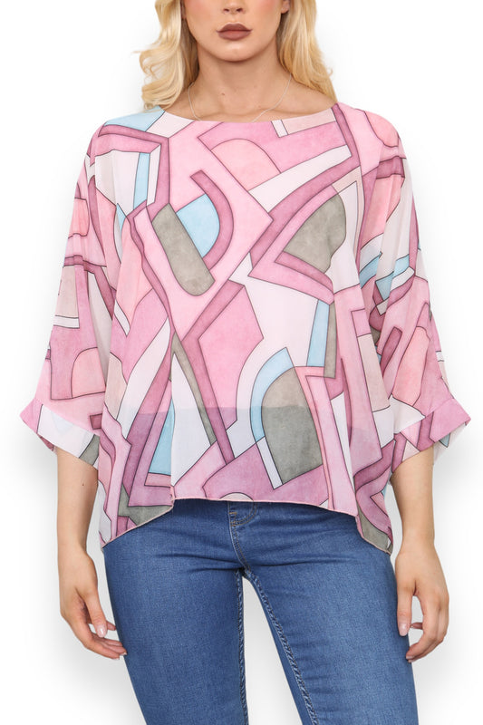 GEOMETRIC SHAPES PRINT BLOUSE TOP PINK