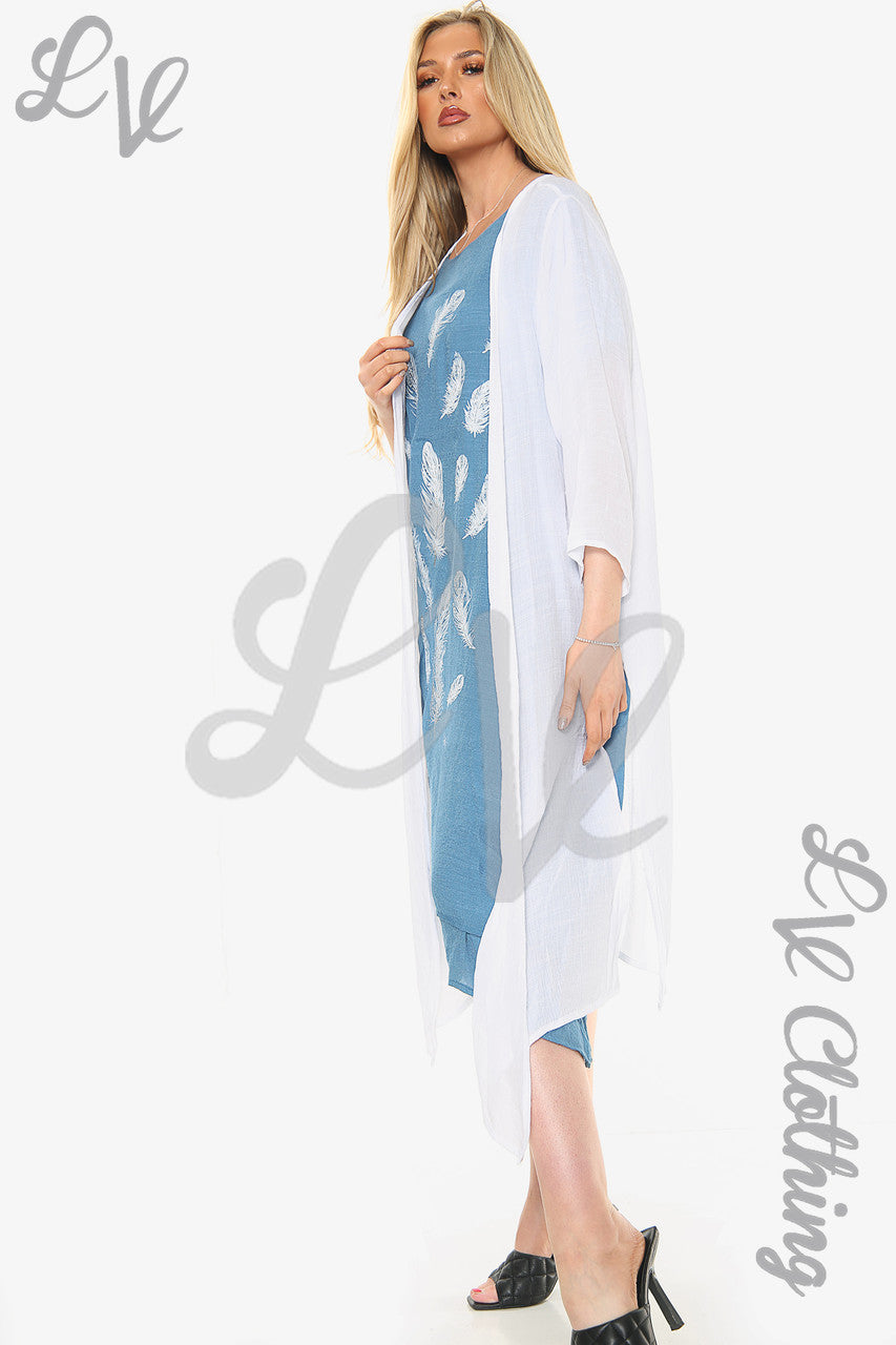 Dames Mouwloze Jurk Met Verenprint En Cardigan Denim Stukprijs WAS €10,99 NU €8,99