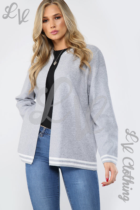 Grey knitted cardigan with striped trim, long sleeves and open front