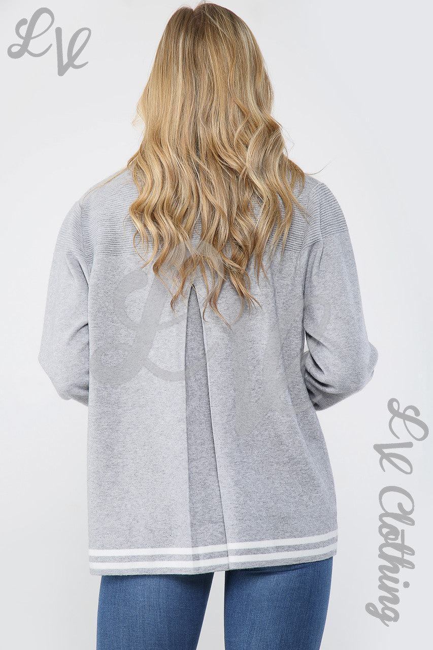 Ladies Fine Knitted Striped Detail Cardigan Grey Unit Price £13.99