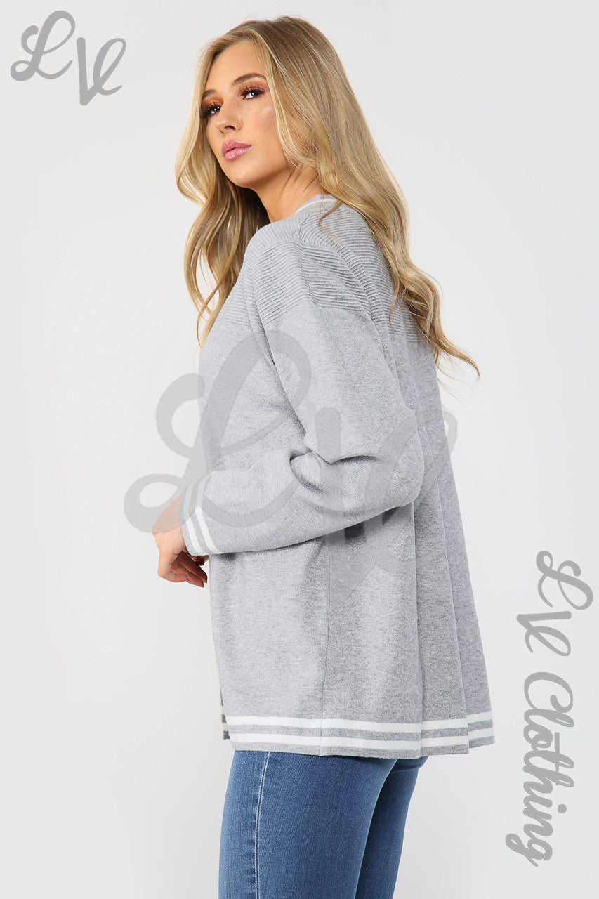 Ladies Fine Knitted Striped Detail Cardigan Grey Unit Price £13.99