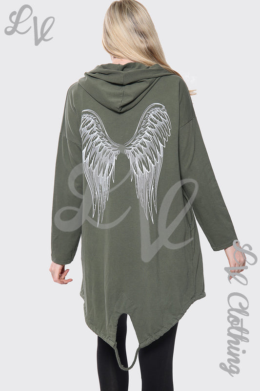 Olive hooded cardigan with angel wing print on back, long sleeves and curved hem
