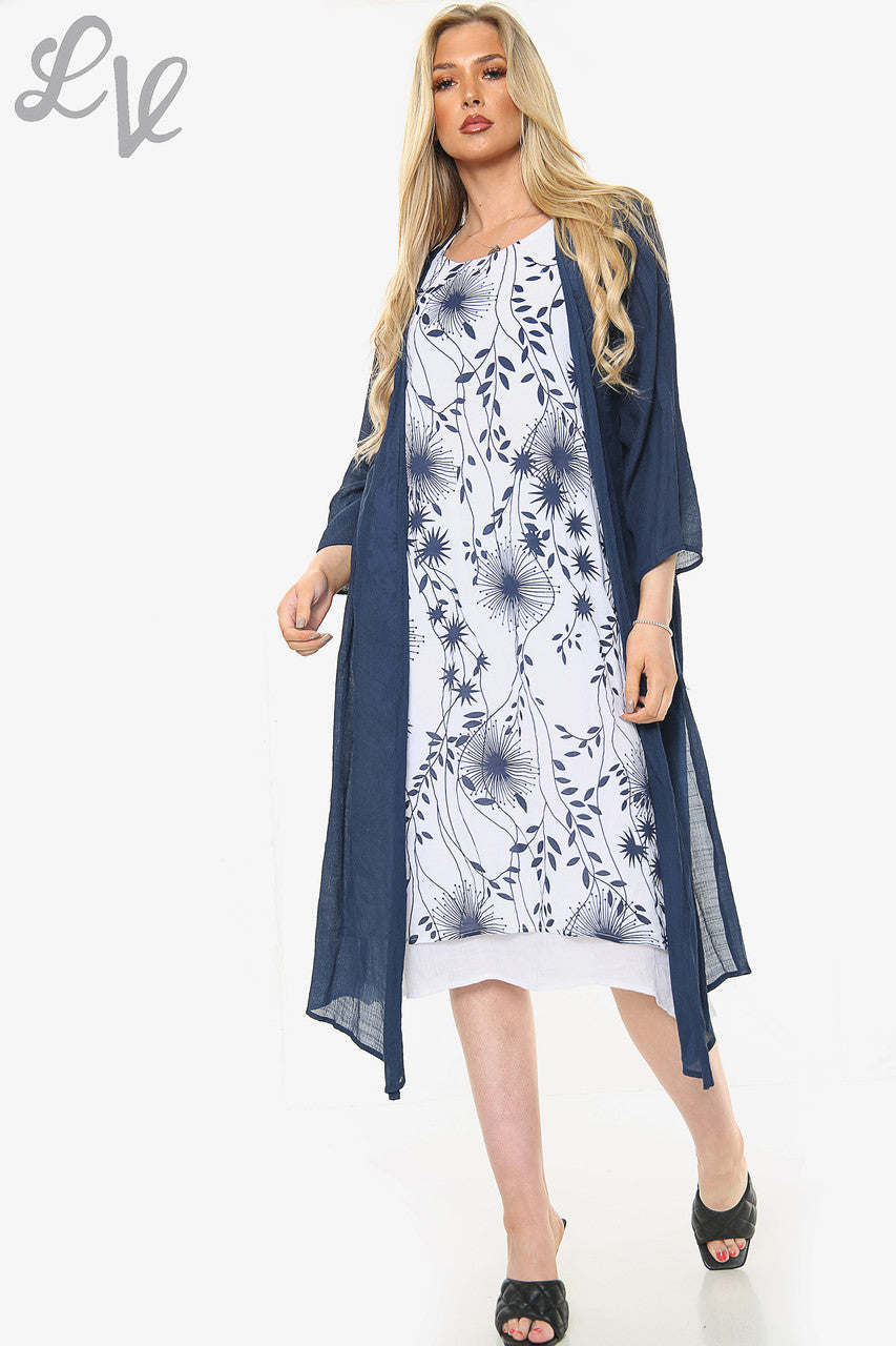 Dames mouwloze jurk met paardenbloemmotief en vest Marineblauw Prijs per stuk €10,99