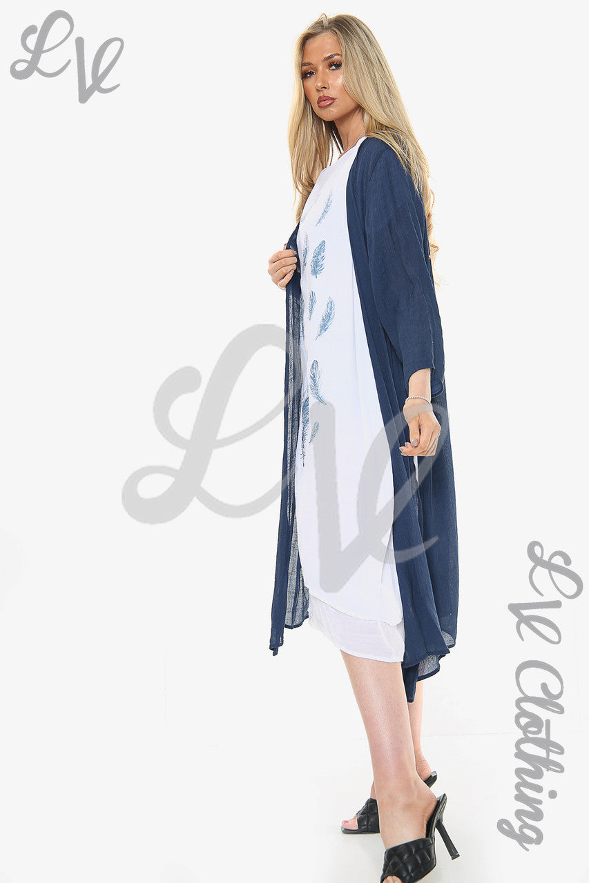 Dames mouwloze jurk met verenprint en vest marineblauw Prijs per stuk € 13,99