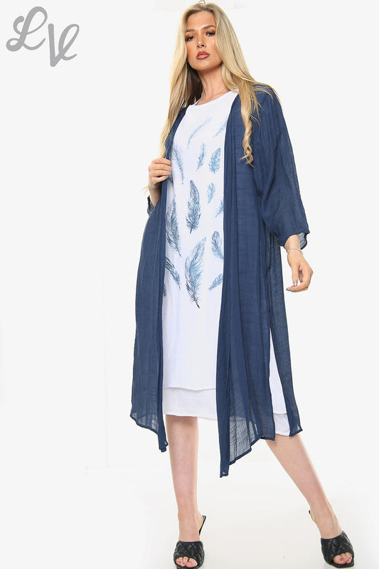 Dames mouwloze jurk met verenprint en vest marineblauw Prijs per stuk € 13,99
