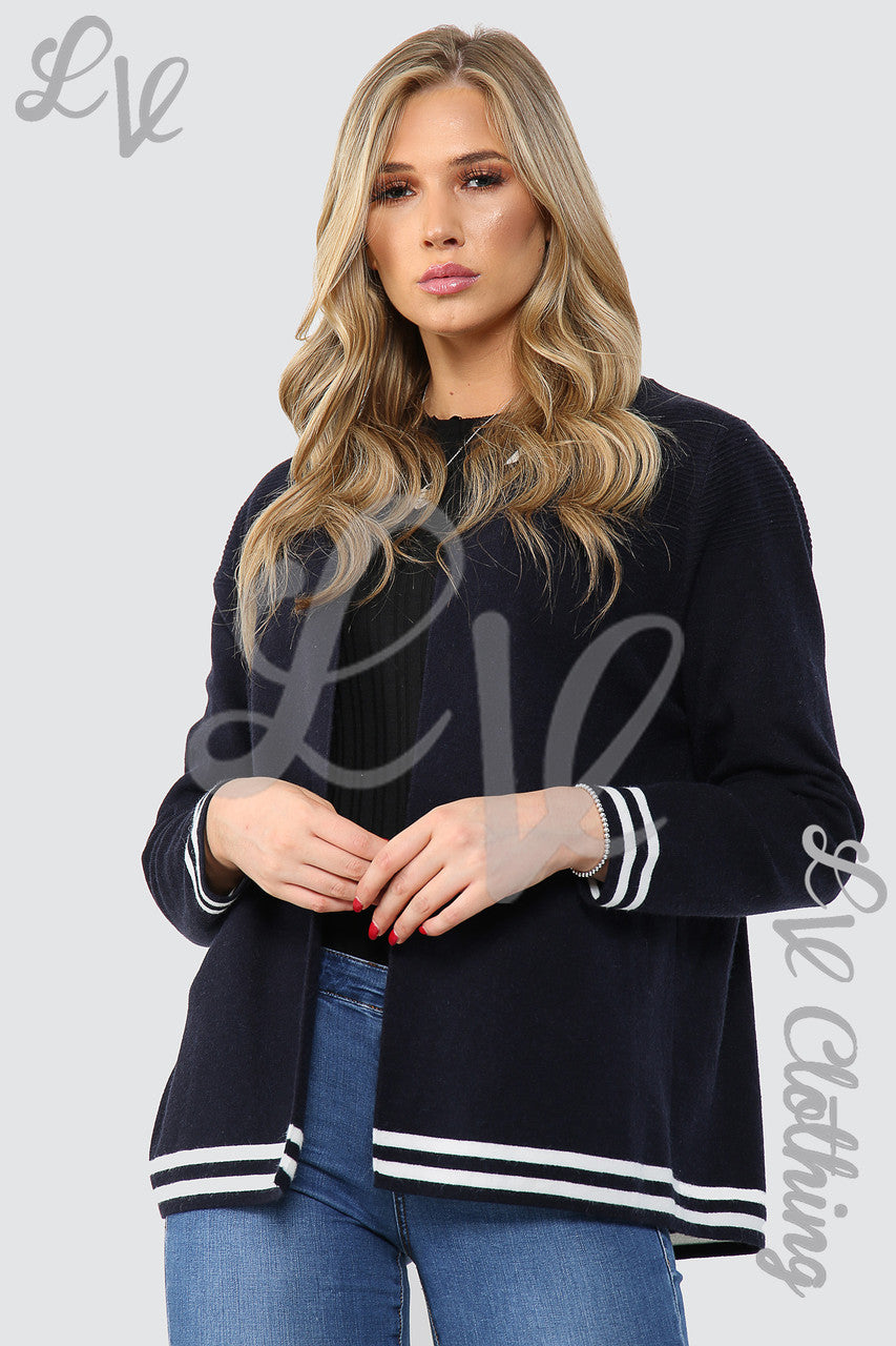 Ladies Fine Knitted Striped Detail Cardigan Navy Unit Price £13.99
