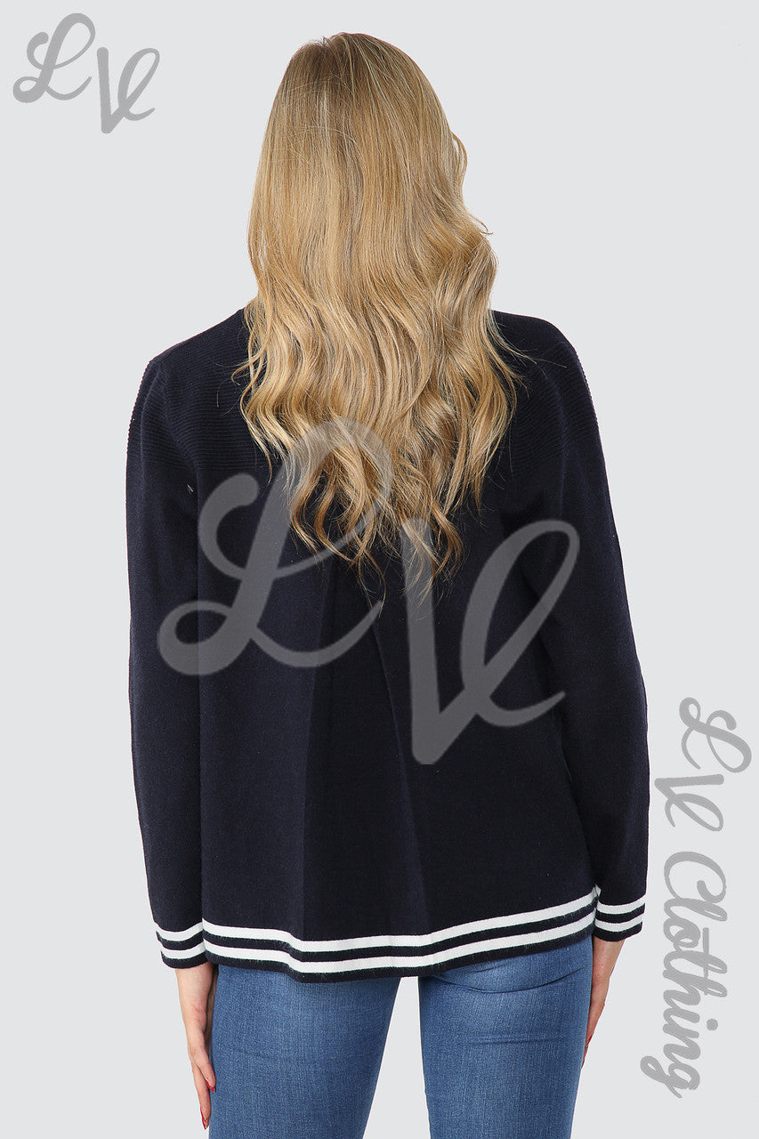 Ladies Fine Knitted Striped Detail Cardigan Navy Unit Price £13.99