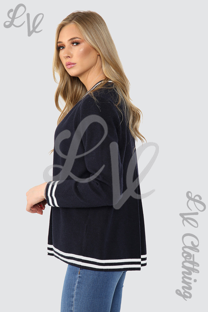 Ladies Fine Knitted Striped Detail Cardigan Navy Unit Price £13.99