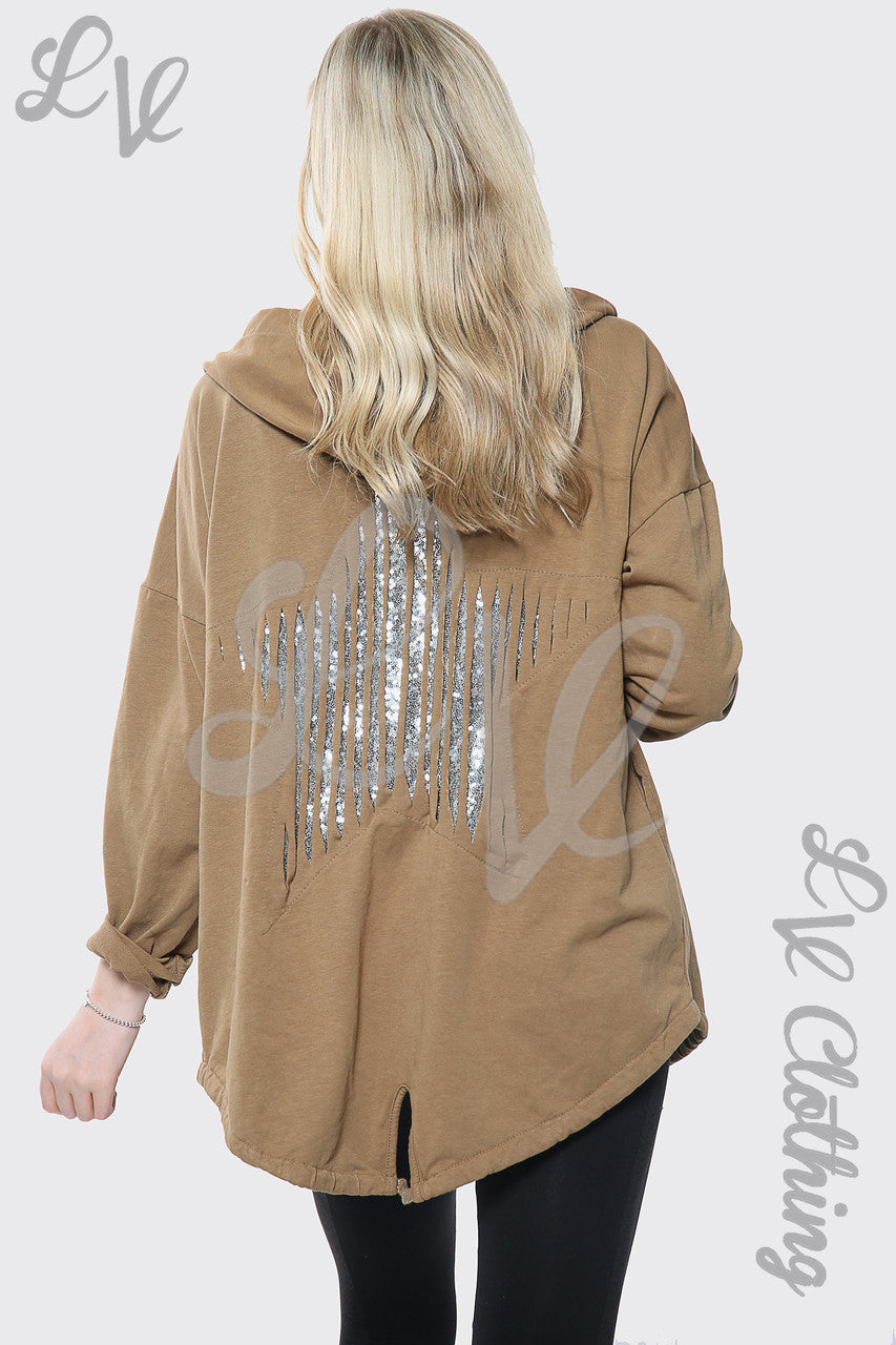 Ladies Silver Sequin Back Zip up Hoodie Tan - Unit Price £15.99