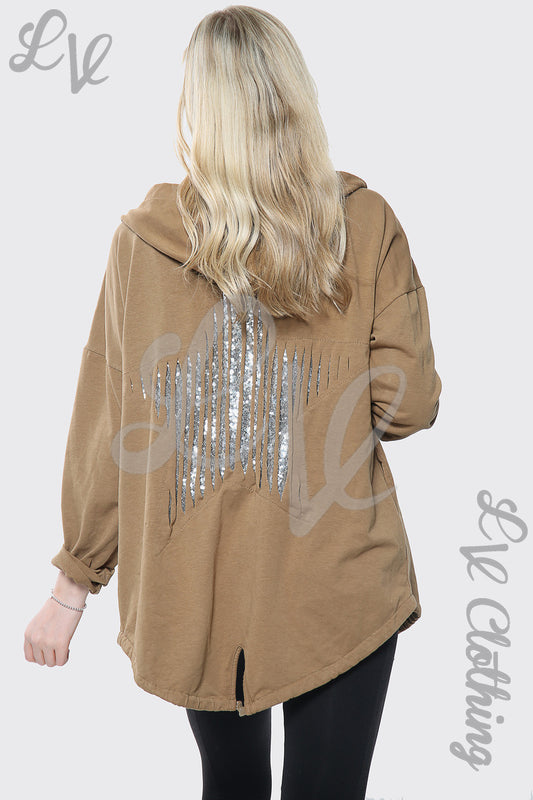 Tan sequin back zip hoodie with hood, long sleeves, and silver sequin vertical design