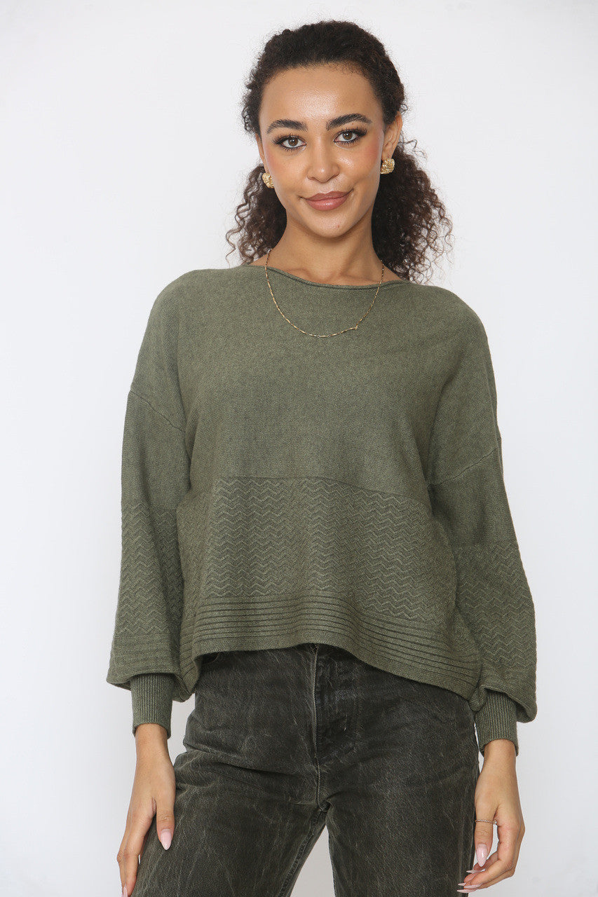 ZIGZAG GEBREIDE BATWING TRUI KHAKI
