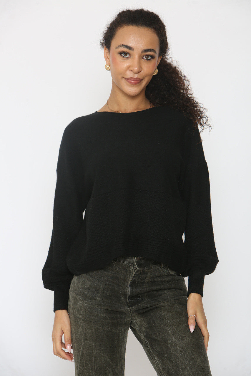 ZIGZAG GEBREIDE BATWING TRUI ZWART