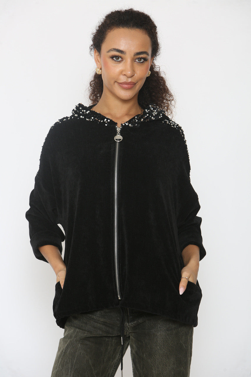 VELVET SEQUIN SLEEVE & HOODED TOP BLACK