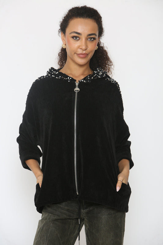VELVET SEQUIN SLEEVE & HOODED TOP BLACK