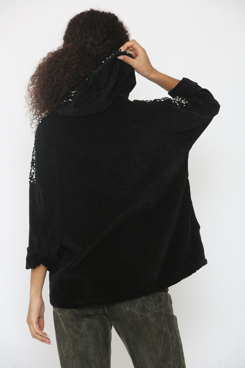 VELVET SEQUIN SLEEVE & HOODED TOP BLACK