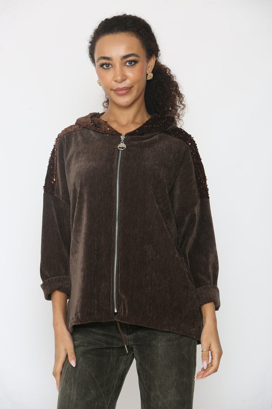 VELVET SEQUIN SLEEVE & HOODED TOP BROWN