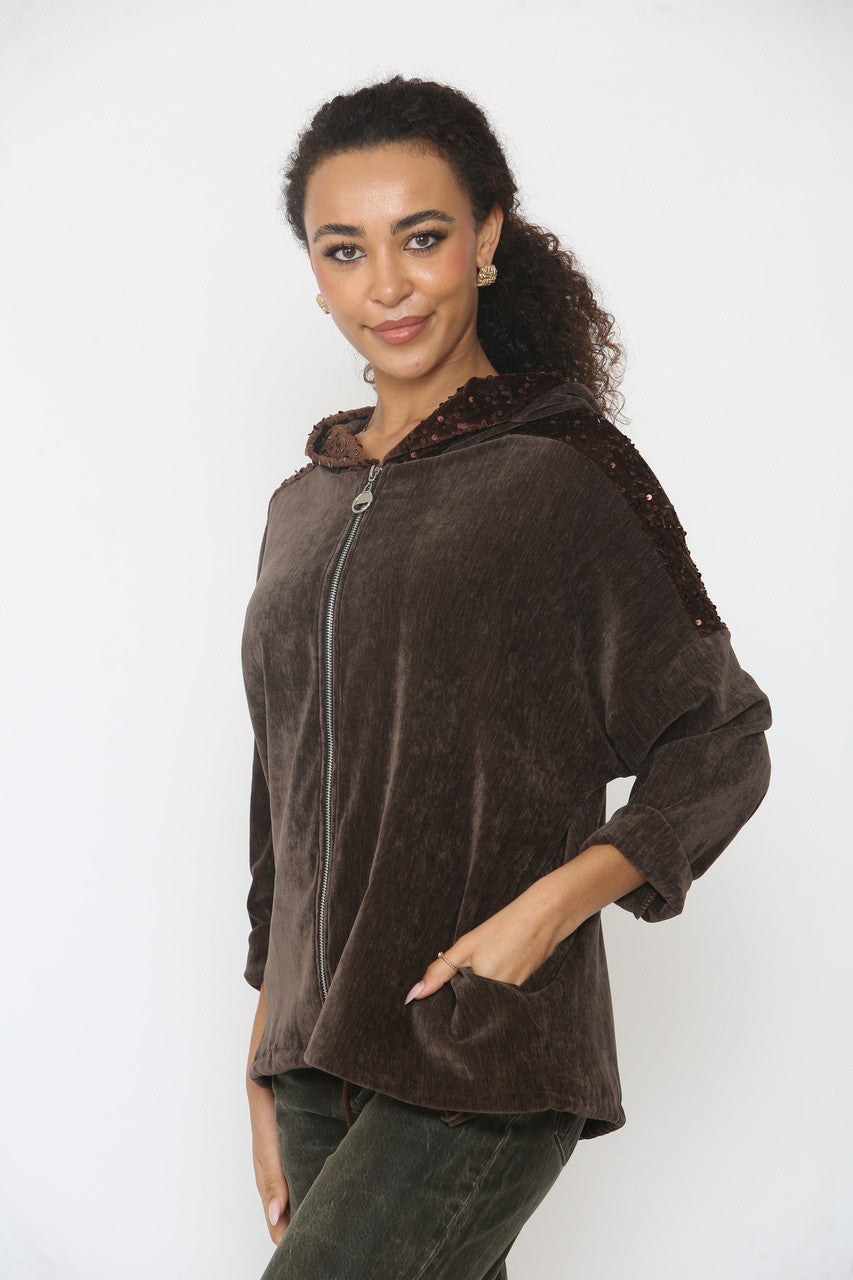 VELVET SEQUIN SLEEVE & HOODED TOP BROWN