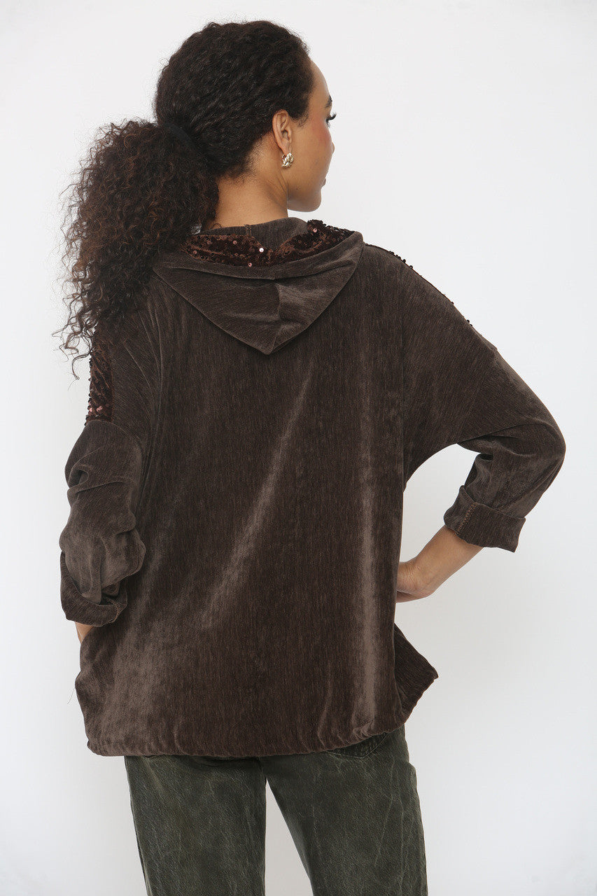 VELVET SEQUIN SLEEVE & HOODED TOP BROWN