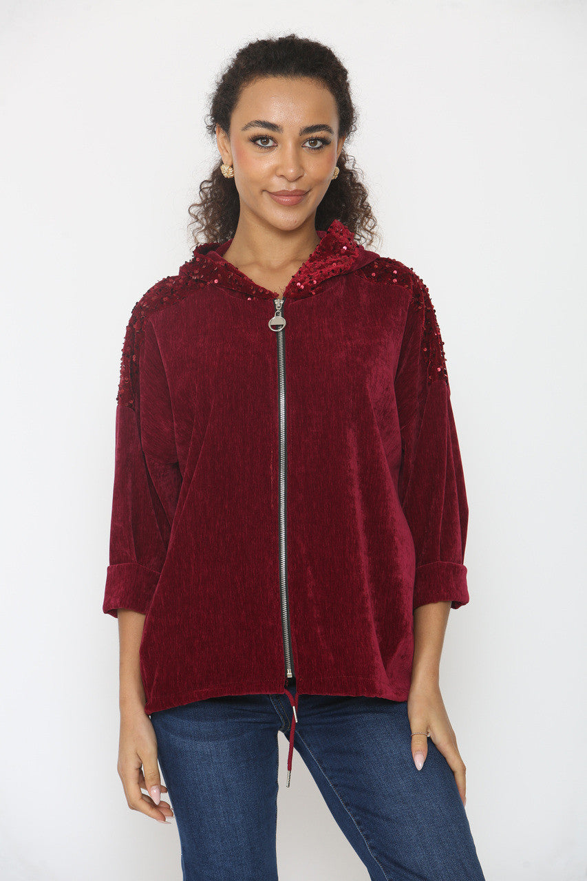 VELVET SEQUIN SLEEVE & HOODED TOP WINE