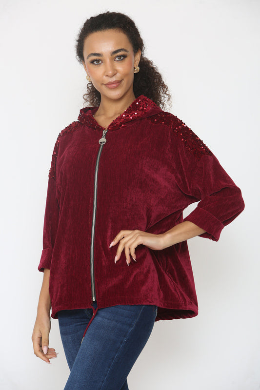 VELVET SEQUIN SLEEVE & HOODED TOP WINE