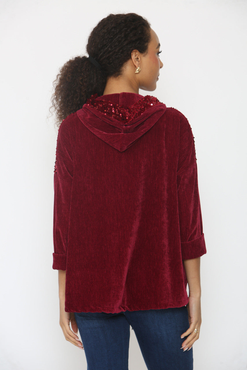 VELVET SEQUIN SLEEVE & HOODED TOP WINE
