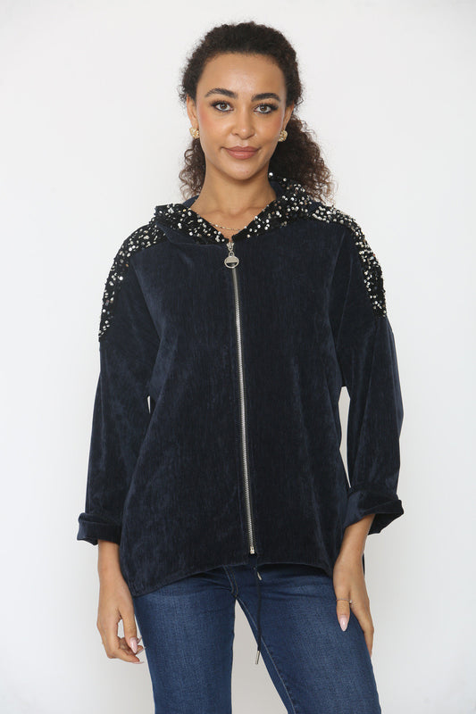 VELVET SEQUIN SLEEVE & HOODED TOP NAVY