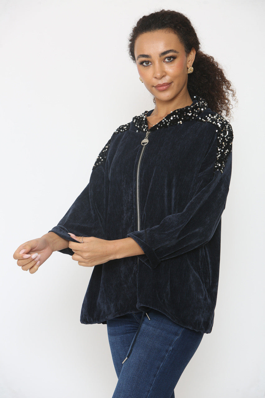 VELVET SEQUIN SLEEVE & HOODED TOP NAVY