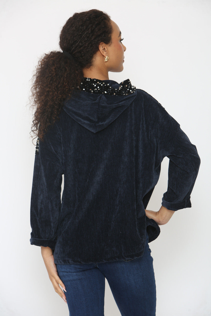 VELVET SEQUIN SLEEVE & HOODED TOP NAVY